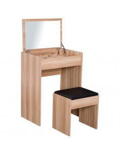 Homcom Dressing Table Set with Padded Stool and Flip-up Mirror, Wood Grain