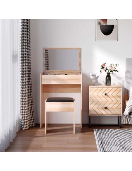 Homcom Dressing Table Set with Padded Stool and Flip-up Mirror, Wood Grain - pic 6741 | FastDaddyshop