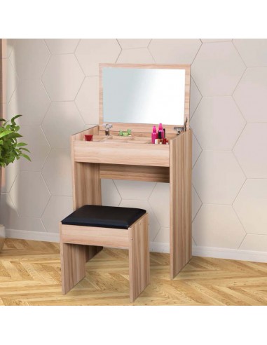 Homcom Dressing Table Set with Padded Stool and Flip-up Mirror, Wood Grain