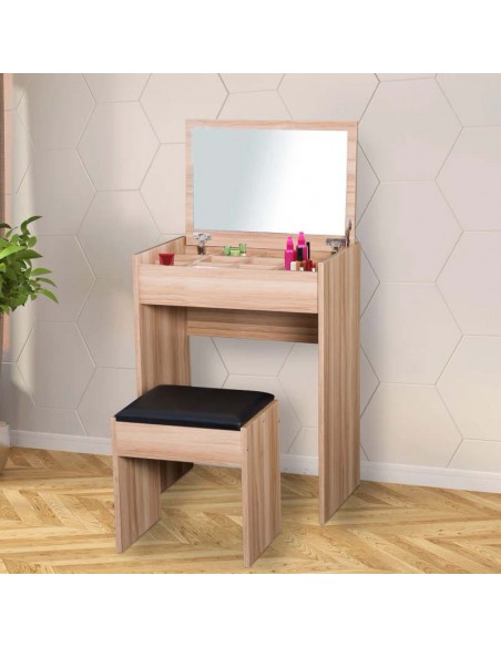 Homcom Dressing Table Set with Padded Stool and Flip-up Mirror, Wood Grain - pic 6742 | FastDaddyshop