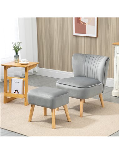 HOMCOM Velvet Accent Chair with Ottoman, Occasional Tub Seat, Curved Back, Wood Frame, Light Grey 839-507V70LG