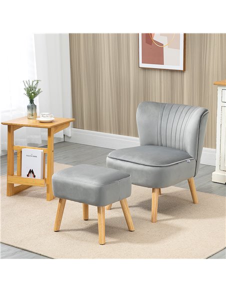 HOMCOM Velvet Accent Chair with Ottoman, Occasional Tub Seat, Curved Back, Wood Frame, Light Grey 839-507V70LG - pic 67445 | FastDaddyshop