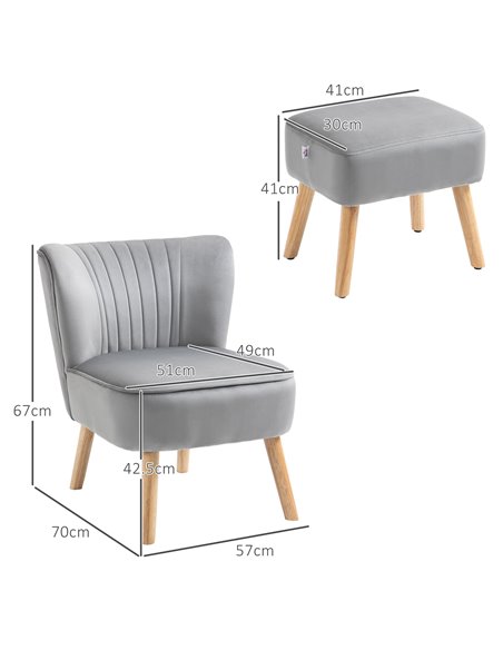 HOMCOM Velvet Accent Chair with Ottoman, Occasional Tub Seat, Curved Back, Wood Frame, Light Grey 839-507V70LG - pic 67446 | FastDaddyshop
