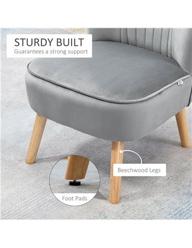 HOMCOM Velvet Accent Chair with Ottoman, Occasional Tub Seat, Curved Back, Wood Frame, Light Grey 839-507V70LG
