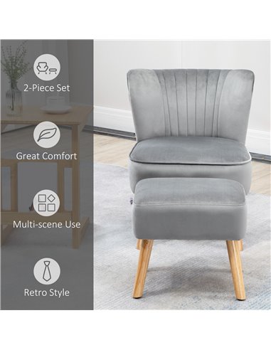 HOMCOM Velvet Accent Chair with Ottoman, Occasional Tub Seat, Curved Back, Wood Frame, Light Grey 839-507V70LG