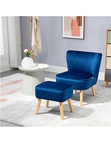HOMCOM Velvet Accent Chair Occasional Tub Seat Padding Curved Back w/ Ottoman Wood Frame Legs Home Furniture, Dark Blue 839-507V