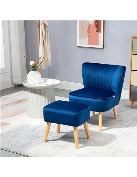 HOMCOM Velvet Accent Chair Occasional Tub Seat Padding Curved Back w/ Ottoman Wood Frame Legs Home Furniture, Dark Blue 839-507V - pic 67454 | FastDaddyshop