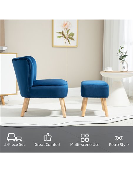 HOMCOM Velvet Accent Chair Occasional Tub Seat Padding Curved Back w/ Ottoman Wood Frame Legs Home Furniture, Dark Blue 839-507V - pic 67458 | FastDaddyshop