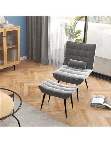 HOMCOM Armless Accent Chair w/ Footstool Set, Modern Tufted Upholstered Lounge Chair w/ Pillow, Steel Legs, Grey 839-824V70GY