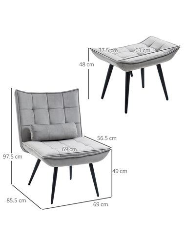 HOMCOM Armless Accent Chair w/ Footstool Set, Modern Tufted Upholstered Lounge Chair w/ Pillow, Steel Legs, Grey 839-824V70GY