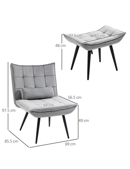 HOMCOM Armless Accent Chair w/ Footstool Set, Modern Tufted Upholstered Lounge Chair w/ Pillow, Steel Legs, Grey 839-824V70GY - pic 67500 | FastDaddyshop