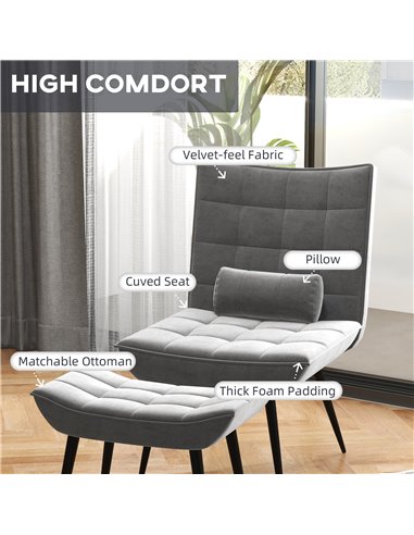 HOMCOM Armless Accent Chair w/ Footstool Set, Modern Tufted Upholstered Lounge Chair w/ Pillow, Steel Legs, Grey 839-824V70GY