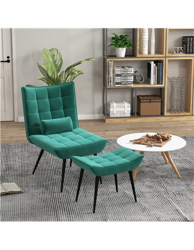 HOMCOM Armless Accent Chair w/ Footstool Set, Modern Tufted Upholstered Lounge Chair w/ Pillow, Steel Legs for Living Room, Gree