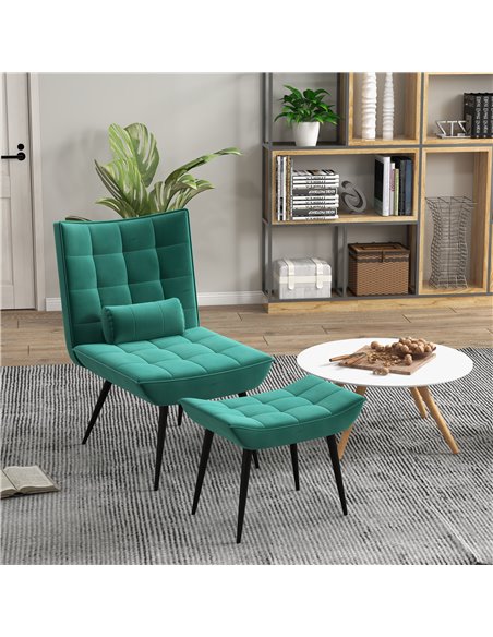HOMCOM Armless Accent Chair w/ Footstool Set, Modern Tufted Upholstered Lounge Chair w/ Pillow, Steel Legs for Living Room, Gree - pic 67508 | FastDaddyshop