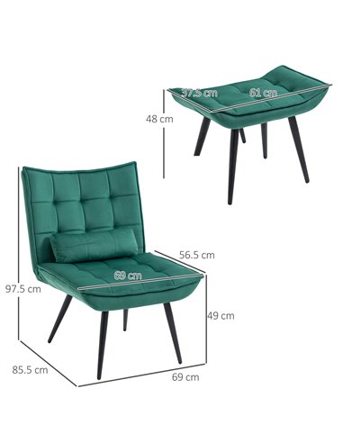 HOMCOM Armless Accent Chair w/ Footstool Set, Modern Tufted Upholstered Lounge Chair w/ Pillow, Steel Legs for Living Room, Gree