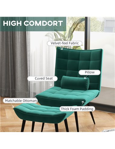 HOMCOM Armless Accent Chair w/ Footstool Set, Modern Tufted Upholstered Lounge Chair w/ Pillow, Steel Legs for Living Room, Gree
