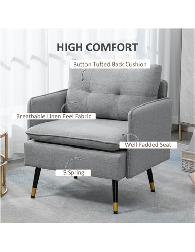HOMCOM Modern Accent Chair, Upholstered Button Tufted Occasional Chair for Living Room and Bedroom, Grey 839-619V70GY