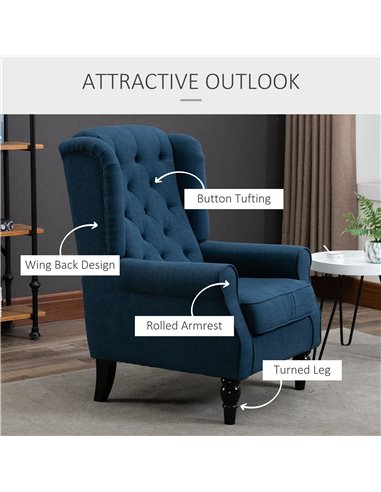 HOMCOM Wingback Accent Chair, Retro Upholstered Button Tufted Occasional Chair for Living Room and Bedroom, Blue 833-695V71BU
