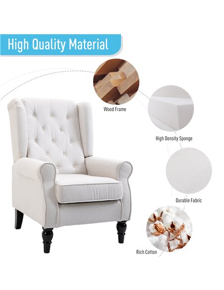 HOMCOM Wingback Accent Chair, Retro Button Tufted Upholstered Occasional Chair for Living Room, Bedroom, Cream White 833-695V71C - pic 67538 | FastDaddyshop