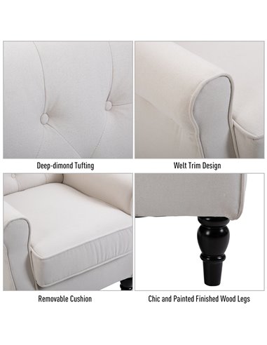 HOMCOM Wingback Accent Chair, Retro Button Tufted Upholstered Occasional Chair for Living Room, Bedroom, Cream White 833-695V71C