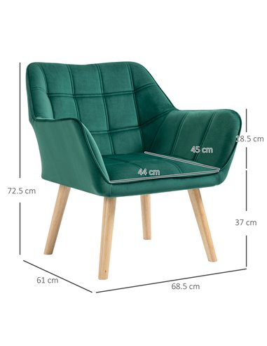HOMCOM Accent Chair, Arm Chair with Wide Arms, Slanted Back, Thick Padding and Rubber Wooden Legs for Living Room, Green 833-799