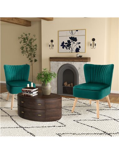 HOMCOM Velvet Accent Chair Occasional Tub Seat Padding Curved Back with Wood Frame Legs Home Furniture Set of 2 Green 833-P059