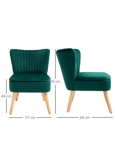 HOMCOM Velvet Accent Chair Occasional Tub Seat Padding Curved Back with Wood Frame Legs Home Furniture Set of 2 Green 833-P059