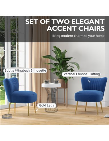 HOMCOM Set of 2 Accent Chairs, Upholstered Living Room Chairs with Gold Tone Steel Legs, Wingback Armless Chairs, Dark Blue 839-