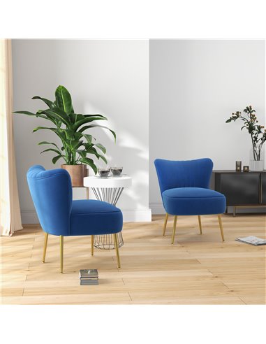 HOMCOM Set of 2 Accent Chairs, Upholstered Living Room Chairs with Gold Tone Steel Legs, Wingback Armless Chairs, Dark Blue 839-