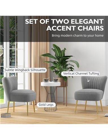 HOMCOM Set of 2 Accent Chairs, Upholstered Living Room Chairs with Gold Tone Steel Legs, Wingback Armless Chairs, Grey 839-917V7