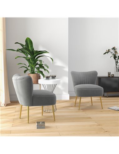 HOMCOM Set of 2 Accent Chairs, Upholstered Living Room Chairs with Gold Tone Steel Legs, Wingback Armless Chairs, Grey 839-917V7