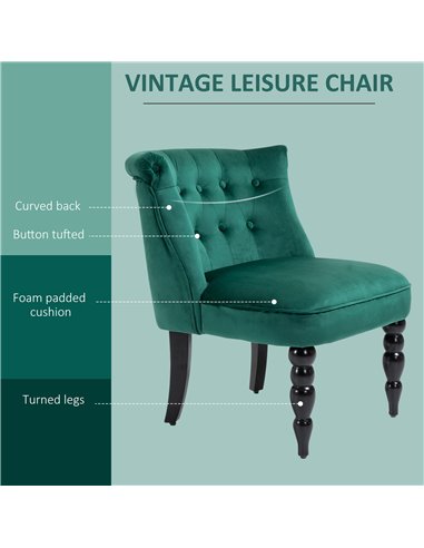 HOMCOM Velvet Accent Chair, Button Tufted Wingback Chair with Rubber Wood Legs for Living Room, Bedroom, Dark Green 839-010V70GN