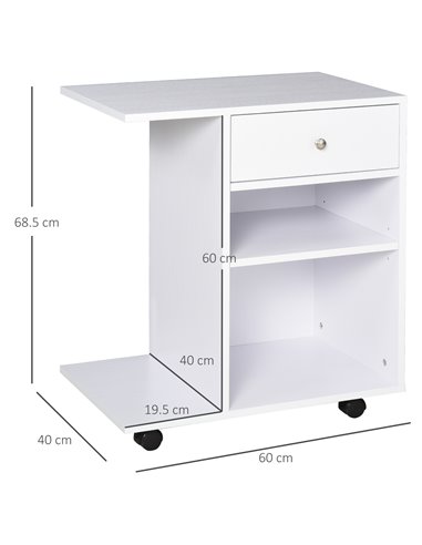 Vinsetto Printer Stand, Mobile, Rolling Cart, Desk Side with CPU Stand, Drawer, Adjustable Shelf, Wheels, White. 920-069WT