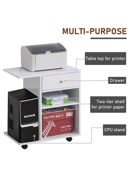 Vinsetto Printer Stand, Mobile, Rolling Cart, Desk Side with CPU Stand, Drawer, Adjustable Shelf, Wheels, White. 920-069WT - pic 67717 | FastDaddyshop