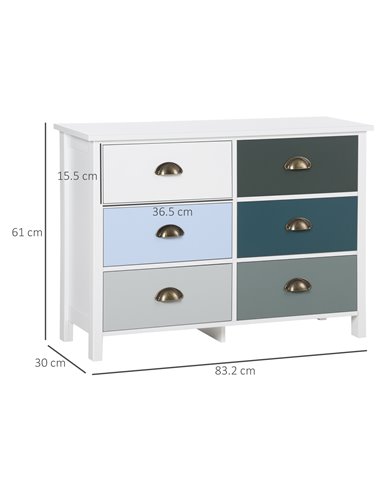 HOMCOM Chest of Drawers, 6-Drawer Dresser with Metal Handle, Wide Storage Organiser Unit for Living Room, Bedroom