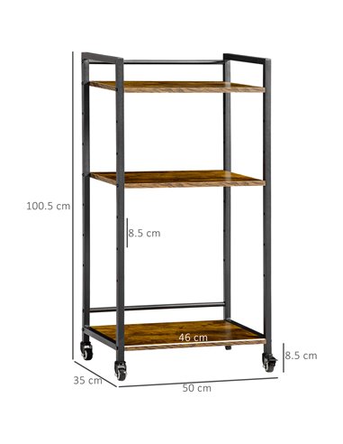 HOMCOM 3-Tier Printer Stand, Utility Cart, Rolling Trolley with Adjustable Shelves with Lockable Wheels for Home Office, Rustic 