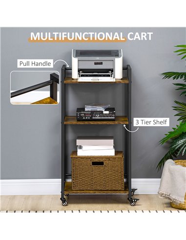 HOMCOM 3-Tier Printer Stand, Utility Cart, Rolling Trolley with Adjustable Shelves with Lockable Wheels for Home Office, Rustic 