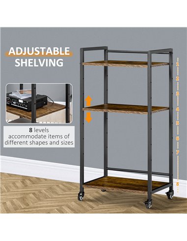 HOMCOM 3-Tier Printer Stand, Utility Cart, Rolling Trolley with Adjustable Shelves with Lockable Wheels for Home Office, Rustic 