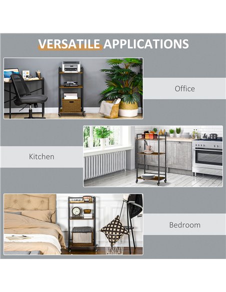 HOMCOM 3-Tier Printer Stand, Utility Cart, Rolling Trolley with Adjustable Shelves with Lockable Wheels for Home Office, Rustic  - pic 67738 | FastDaddyshop