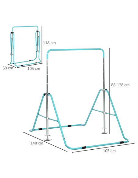 HOMCOM Kids Gymnastics Bar, Foldable Horizontal Bars w/ Adjustable Height, Training Bar w/ Triangle Base - Green 340-005GN - pic 67797 | FastDaddyshop