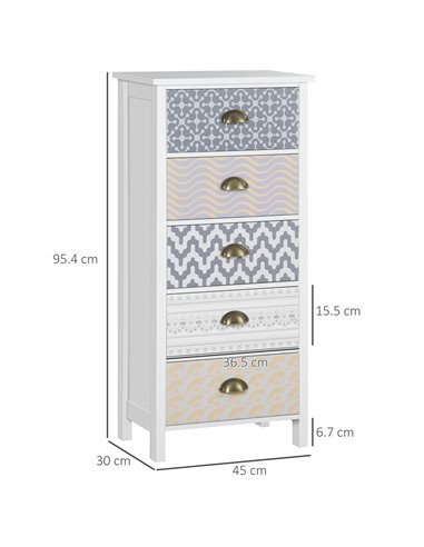 HOMCOM Chest of Drawers, 5-Drawer Tallboy Dresser with Metal Handles, Storage Cabinet Unit for Living Room, Bedroom