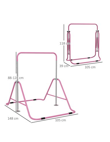 HOMCOM Kids Gymnastics Bar w/ Adjustable Height, Foldable Horizontal Bars, Pink 340-005V01PK
