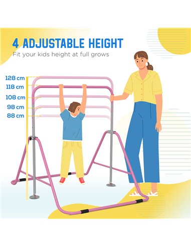 HOMCOM Kids Gymnastics Bar w/ Adjustable Height, Foldable Horizontal Bars, Pink 340-005V01PK