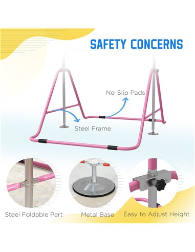 HOMCOM Kids Gymnastics Bar w/ Adjustable Height, Foldable Horizontal Bars, Pink 340-005V01PK