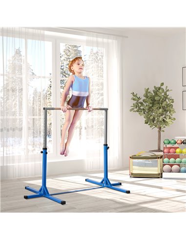 HOMCOM Height Adjustable Gymnastics Horizontal Bar For Kids Home Gym Training Children Junior Kip High Bar Fitness Blue w/ Steel