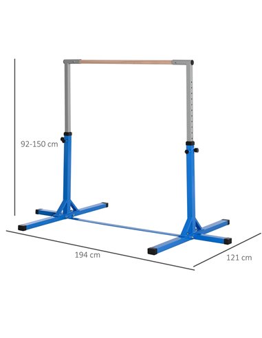 HOMCOM Height Adjustable Gymnastics Horizontal Bar For Kids Home Gym Training Children Junior Kip High Bar Fitness Blue w/ Steel