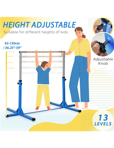 HOMCOM Height Adjustable Gymnastics Horizontal Bar For Kids Home Gym Training Children Junior Kip High Bar Fitness Blue w/ Steel - pic 67843 | FastDaddyshop