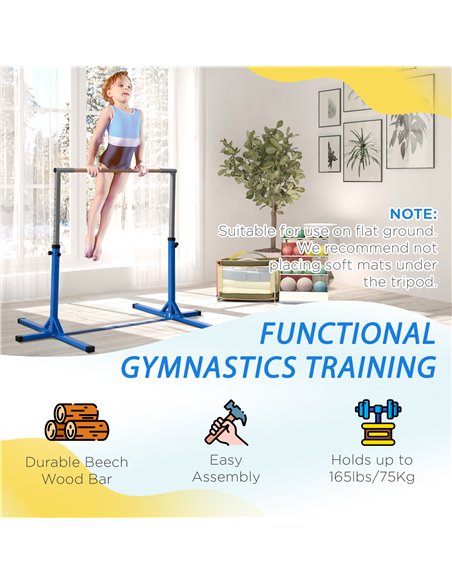 HOMCOM Height Adjustable Gymnastics Horizontal Bar For Kids Home Gym Training Children Junior Kip High Bar Fitness Blue w/ Steel - pic 67844 | FastDaddyshop