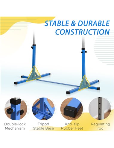 HOMCOM Height Adjustable Gymnastics Horizontal Bar For Kids Home Gym Training Children Junior Kip High Bar Fitness Blue w/ Steel