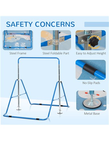 HOMCOM Gymnastics Bar for Kids, Folding Horizontal Bars with Adjustable Height, Training Bar with Triangle Base, Blue 340-005BU